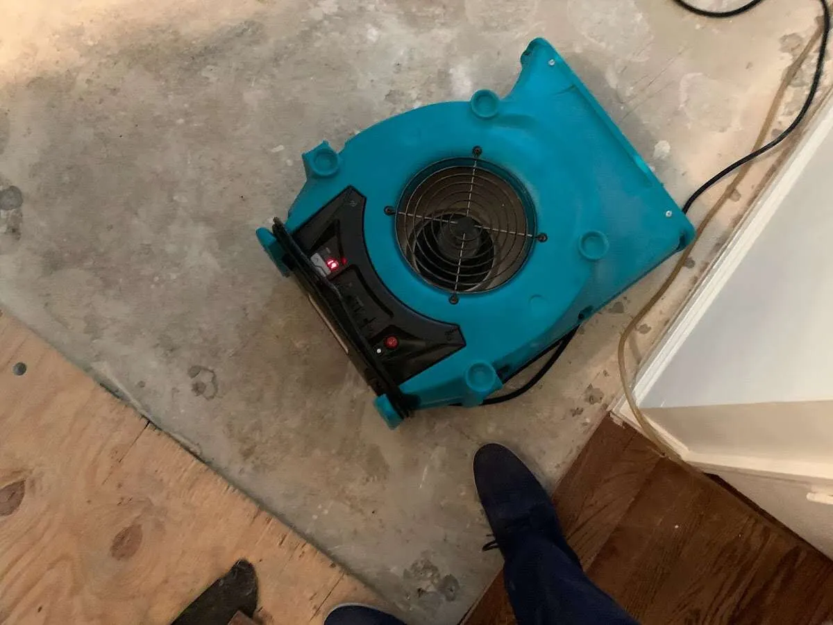 Air mover drying subfloor during Leak Detection & Repair in Boston